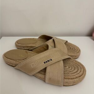 Christian Dior Granville Dway Gold Beige Espadrille Logo Slide Cotton